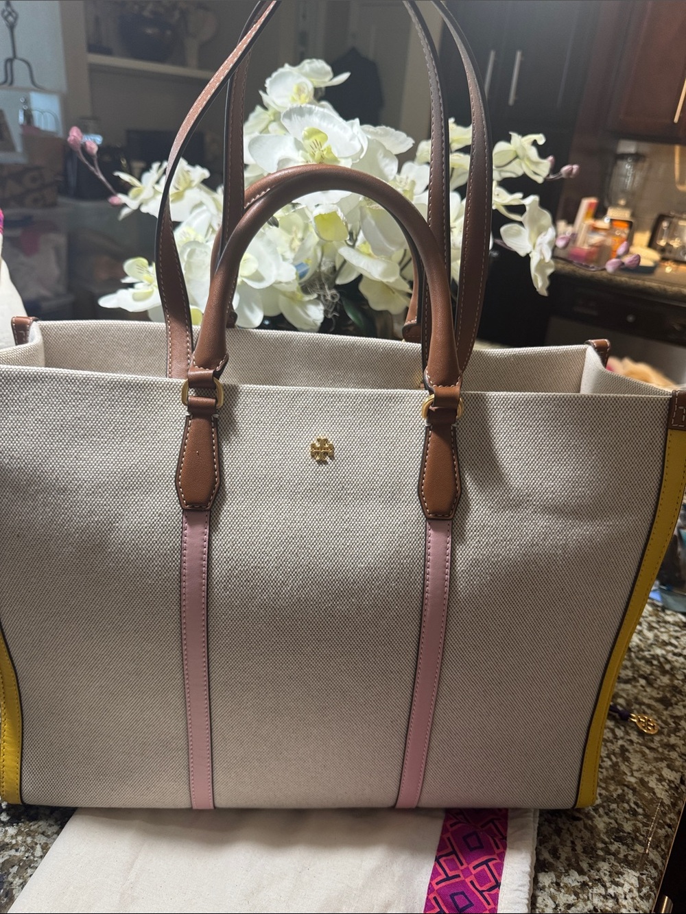 Tory Burch Cream Canvas Tote with Pink Trim and Brown Leather - Picture 5 of 5